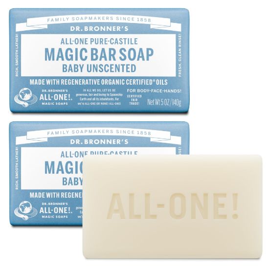 Picture of Dr. Bronner's Pure-Castile Baby Unscented Magic Bar Soaps - Made with Regenerative Organic Certified Oils - For Face, Hand, Hair Gentle on Sensitive Skin - Soap Bars for Men & Women - 2 Pack, 5 oz