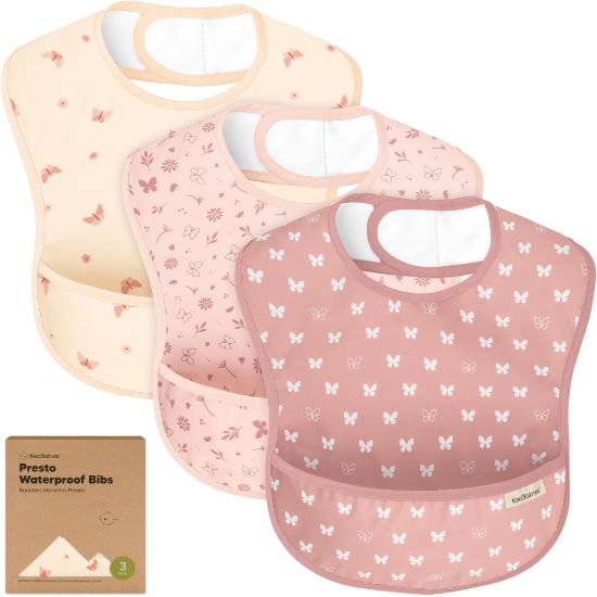 Picture of KeaBabies 3-Pack Waterproof Baby Bibs for Eating - Lightweight Toddler Feeding Bibs with Large Food Catcher, Mess Proof, Food-Grade Baby Eating Essentials, Easy to Put On & Clean (Butterflies)