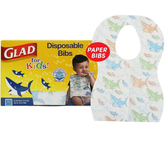 Picture of Glad for Kids Shark Disposable Paper Bibs with Crumb Catcher, Absorbent Leakproof Bibs for Toddlers and Babies, Mess Free Feeding, Crafts, Parties, and Travel Use, 30 Count
