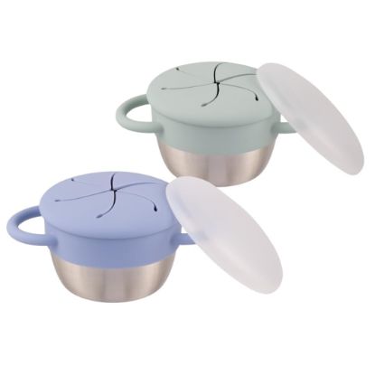 Picture of Elk and Friends Stainless Steel Snack Cups | Removable Silicone Food Catcher and Travel Lid | Spill-Proof Snack Containers for Baby, Toddler, Kids | Dishwasher Safe | 2 Pack
