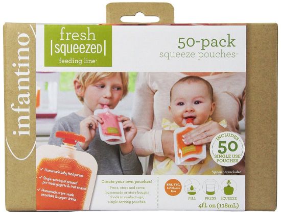 Picture of Infantino Disposable Squeeze Pouches, Baby Food Pouches for Portable Homemade Semi-Solid Food for Babies and Toddlers, BPA and PVC free, Freezer Safe, 50-Pack