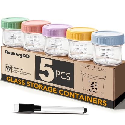 Picture of RowinsyDD 5 Pack Glass Baby Food Storage Containers, 4 oz Leakproof Baby Food Jars with Lids, Small Glass Food Containers for Infant Baby, Freezer & Microwave Safe, BPA Free