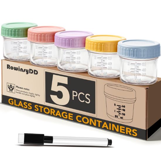 Picture of RowinsyDD 5 Pack Glass Baby Food Storage Containers, 4 oz Leakproof Baby Food Jars with Lids, Small Glass Food Containers for Infant Baby, Freezer & Microwave Safe, BPA Free