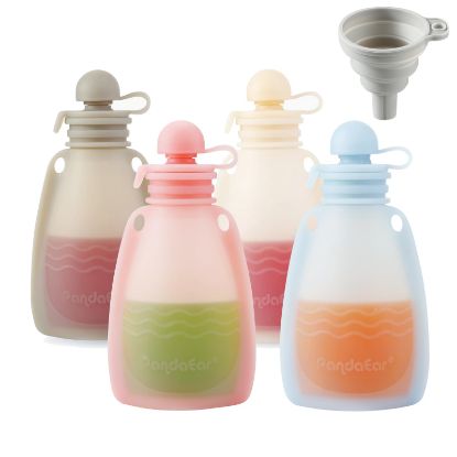 Picture of PandaEar Reusable Silicone Baby Food Pouches, 4 Pack Squeeze Pouches for Toddler Kids, BPA-Free Silicone Refillable Baby Food Storage, 5 oz