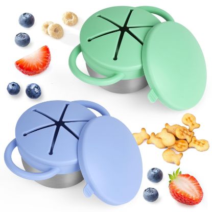Picture of 2 Pack Snack Cups for Toddlers Spill Proof - Detachable Stainless Steel Toddler Snack Cups with Silicone Lids & Handles - Dishwasher Safe Snack Container for Mess-Free SnackingBlue-purple and Green)