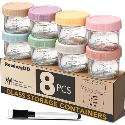 Picture of RowinsyDD 8 Pack Glass Baby Food Storage Containers, 4 oz Leakproof Baby Food Jars with Lids, Small Glass Food Containers for Infant Baby, Freezer Safe