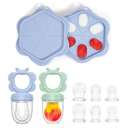 Picture of Silicone Baby Fruit Food Feeder (2 Pack) with Freezer Nibble Tray, Breastmilk Popsicle Molds for Baby Teething Relief, Silicone Feeder for Safe Infant Self Feeding, BPA Free, Dishwasher Safe, 3 Month+