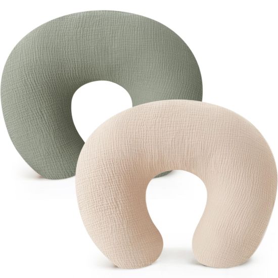 Picture of Konssy Muslin Nursing Pillow Covers, Soft and Cute Nursing Covers for Breastfeeding Pillows, Ideal for Newborn Baby Boys and Girls (Fog Green, Cream) - 2 Pack