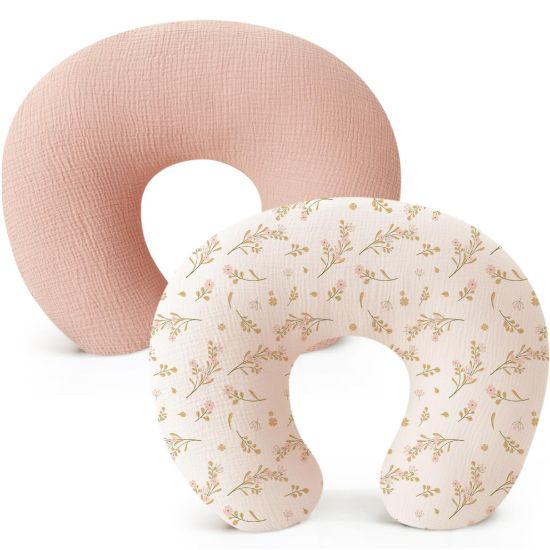 Picture of Konssy 2-Pack Muslin Nursing Pillow Covers, Soft & Adorable Nursing Covers for Breastfeeding Pillows, Slipcovers for Newborn Boys & Girls(Pink, Floral)
