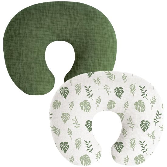 Picture of Coreeky Muslin Nursing Pillow Covers, 2 Pack, Soft & Adorable Slipcovers with Zipper Closure, Cotton Covers for Breastfeeding Pillows (Leaf, Green)