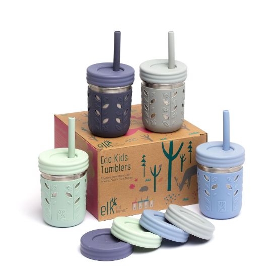 Picture of Elk and Friends 10oz Stainless Steel Kids + Toddler Drinking Cups | The Original Mason Jar with Sleeves + Lids | Silicone Straws | Smoothies | Storage Jar | Spill Resistant | Dishwasher Safe | 4 Pack