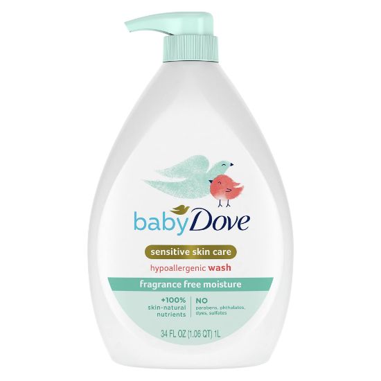 Picture of Baby Dove Sensitive Skin Care Baby Wash Fragrance Free Moisture For Baby Bath Time Fragrance Free and Hypoallergenic, Washes Away Bacteria 34 oz (Pack of 1)