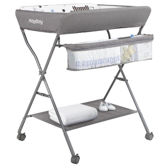 Picture of Baby Changing Table with Wheels, Maydolly Portable Adjustable Height Folding Diaper Station with Nursery Organizer & Storage Rack for Newborn Baby and Infant (Light Grey)