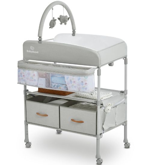Picture of BabyBond Portable Baby Changing Table with 2 Storage Baskets, Foldable Changing Table Dresser Diaper Changing Table Height Adjustable Changing Station for Infant and Newborn(Beige)