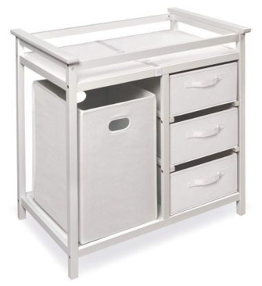 Picture of Badger Basket Modern Baby Changing Table - Nursery Furniture with Laundry Hamper and 3 Storage Drawers - Diaper Changing Station with Safety Belt, Changing Pad, and Organizer Baskets - White