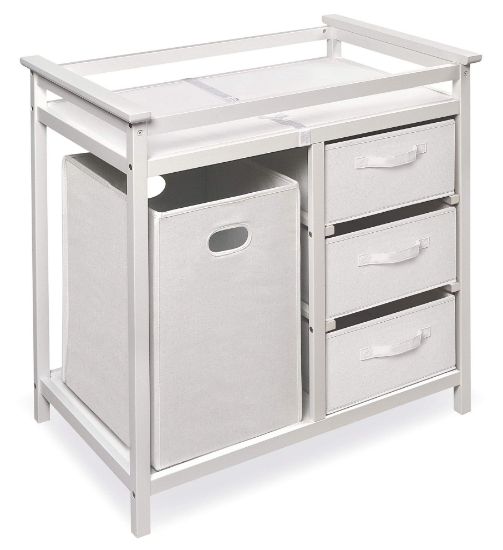 Picture of Badger Basket Modern Baby Changing Table - Nursery Furniture with Laundry Hamper and 3 Storage Drawers - Diaper Changing Station with Safety Belt, Changing Pad, and Organizer Baskets - White