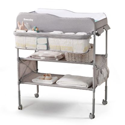Picture of Sweeby Portable Baby Changing Table, Foldable Diaper Changing Station with Waterproof Pad, Mobile Nursery Organizer for Infant & Newborn Essentials, Grey