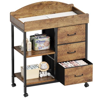 Picture of YeTom Changing Table Dresser, Baby Dresser with 3 Fabric Drawers and 2 Shelves, Multi-Functional Baby Changing Table with Pad, Classic Nursery Dresser, Diaper Changing Station, Rustic Brown