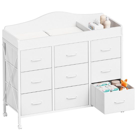 Picture of YeTom Baby Changing Table with 9 Fabric Boxes, Waterproof Diaper Changing Station & Pad, Mobile Nursery Diaper Changing Table, Baby Furniture, White