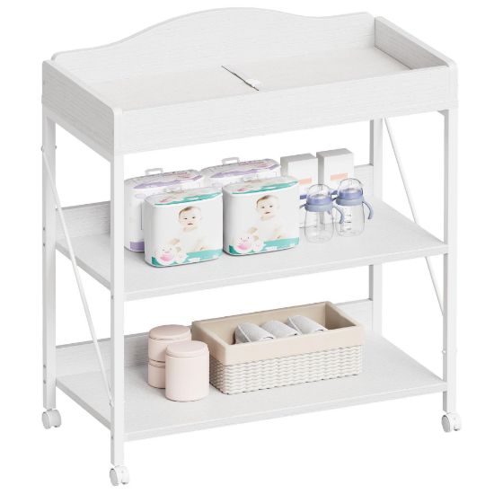 Picture of Yetom Baby Changing Table, Diaper Changing Station with Pad and Wheels, Two-Tier Open Storage Shelves, Waterproof Diaper pad & Safety Strap, Compact Baby Furniture for Nursery, White