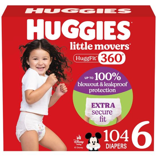 Picture of Huggies Size 6 Baby Diapers, Little Movers HuggFit 360 Baby Diapers with 360 Waistband, Size 6 (35+ lbs), 104 Count (2 Packs of 52), Packaging May Vary