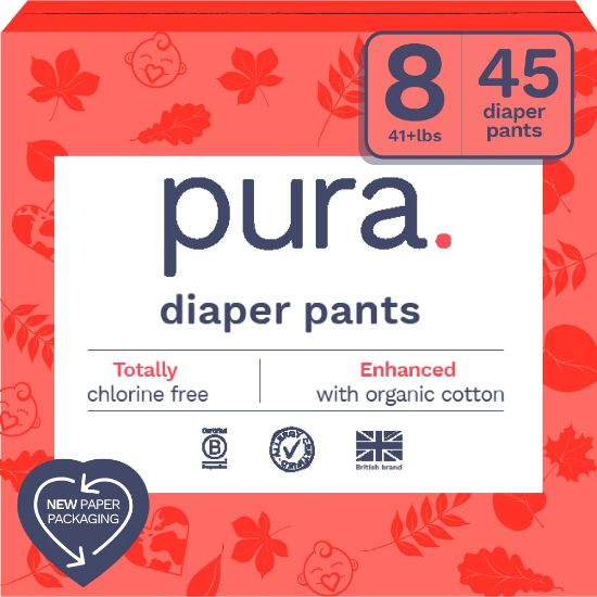 Picture of Pura Hypoallergenic Diaper Pants Size 8 (41+ lbs) Overnight, up to 12 Hours Leak Protection, Suitable for Sensitive Skin, Totally Chlorine Free, Soft Organic Cotton, 3 Packs of 15 (45 Pull Up Pants)