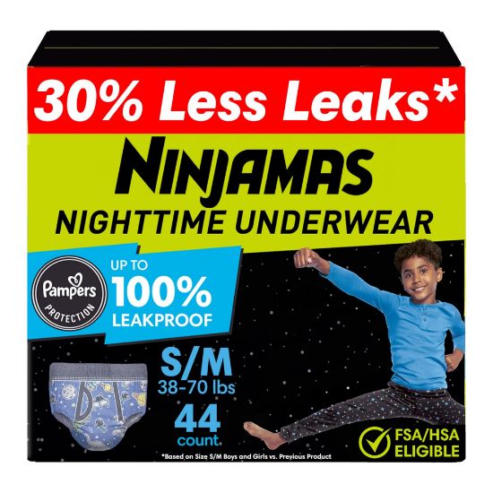 Picture of Ninjamas Boys Bedwetting Nighttime Underwear, Size S/M (38-70 lbs), 44 Count, Overnight Protection, Ultra Absorbent, Hypoallergenic