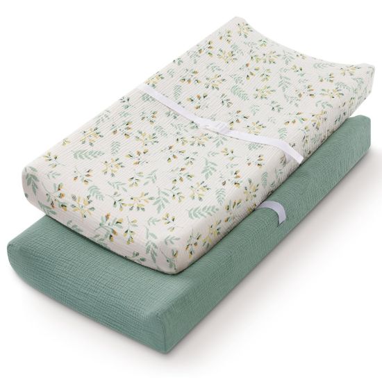 Picture of Blissful Diary Muslin Changing Pad Cover for Girls Boys, Ultra Soft Breathable Cotton, Baby Diaper Change Table Pad Covers, 2Pack (Roman Green&Leaf)