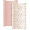 Picture of Konssy Waterproof Muslin Changing Pad Cover 2 Pack, Quilted Cotton Fitted Diaper Chang Table Cover, Soft Changing Pad Sheets for Girls Boys (Blossom,Pink)