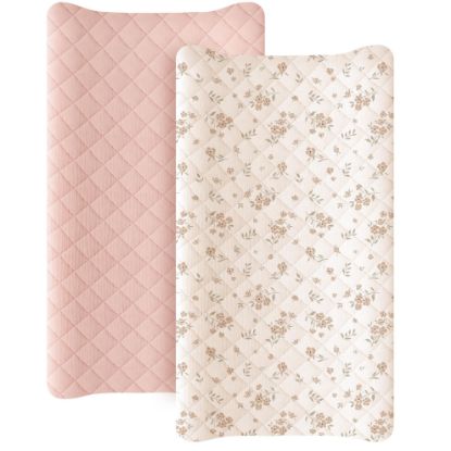 Picture of Konssy Waterproof Muslin Changing Pad Cover 2 Pack, Quilted Cotton Fitted Diaper Chang Table Cover, Soft Changing Pad Sheets for Girls Boys (Blossom,Pink)