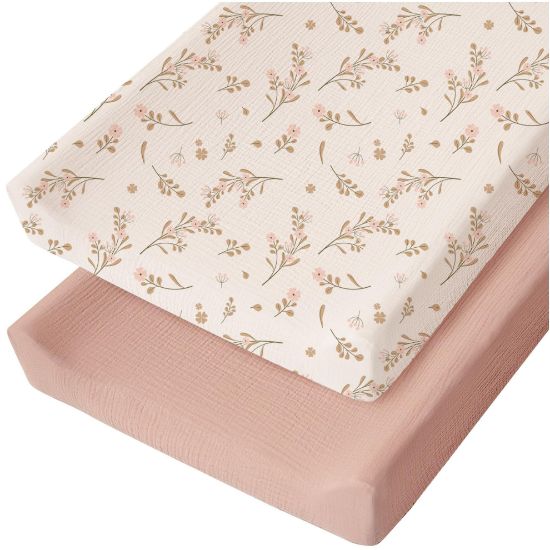 Picture of Konssy Muslin Changing Pad Cover for Baby Girls Boys, Cotton Fitted Diaper Chang Table Covers, Soft Breathable Changing Pad Sheets, 2 Pack (Floral,Pink)