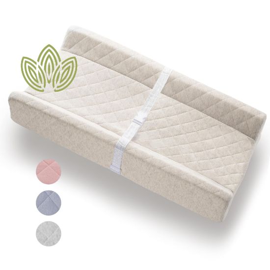 Picture of Organic Cotton Contoured Baby Changing Pad w/Waterproof Foam Mattress, Includes Soft, Removable & Washable Cover, Safety Strap, Non-Slip Bottom, Topper for Standard Size Infant Diaper Table & Dresser