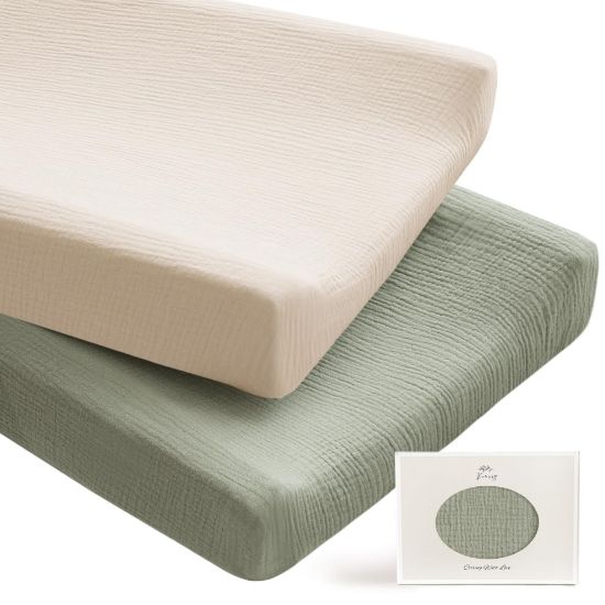 Picture of Konssy 2 Pack Muslin Changing Pad Covers for Boys, Ultra Soft & Breathable Cotton Baby Diaper Changing Table Covers, Neutral Nursery Diaper Changing Pad Sheets (Fog Green,Cream)