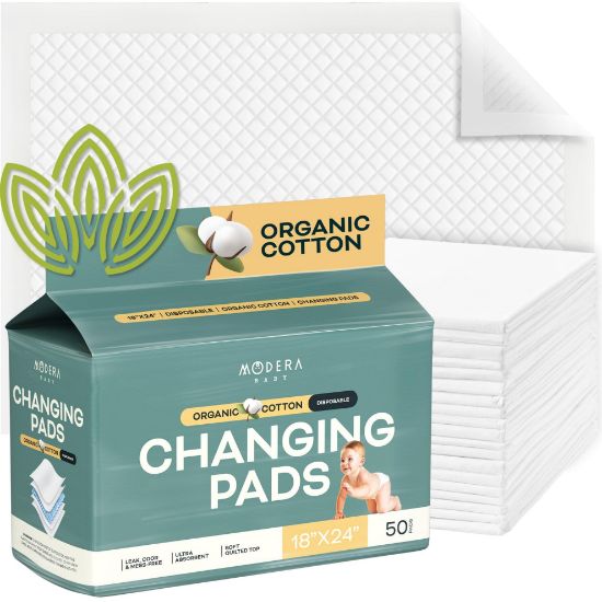 Picture of Organic Cotton Disposable Changing Pad Liners | Large 18x24 Hypoallergenic Ultra Absorbent & Waterproof Super Soft, Quilted Underpads for Baby Diaper Table & Travel, Leak Proof & Mess Free [50-Pack]