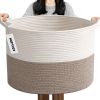 Picture of HZFTJOY 65L Large Woven Cotton Rope Blanket Basket with Handles, Laundry Hamper Storage Bin for Pillows, Clothes, Bedroom and Living Room Organization, White & Brown