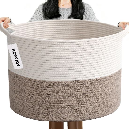 Picture of HZFTJOY 65L Large Woven Cotton Rope Blanket Basket with Handles, Laundry Hamper Storage Bin for Pillows, Clothes, Bedroom and Living Room Organization, White & Brown