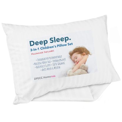 Picture of ZPECC Toddler Pillow with Pillowcase - 13x18 Organic Cotton Hypoallergenic Kids Pillow, Baby Essentials for Travel Crib Daycare Stroller (Intended for Age 2 and up) White Stripe