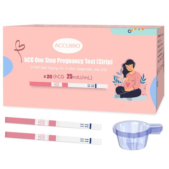 Picture of ACCUBIO Pregnancy Test Strips with Urine Cups, hCG Detection Home Pregnancy Tests, Sensitive & Over 99% Accurate, 20 Count Individually Wrapped, Rapid hCG Test Strips, 5mm Wider 25mIU/mL