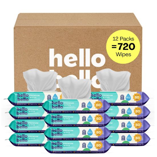 Picture of Hello Bello Premium Fragrance-Free Baby Wipes, with Chamomile & Aloe Extracts for Sensitive Skin - 12 Resealable Packs = 720 Total Wipes