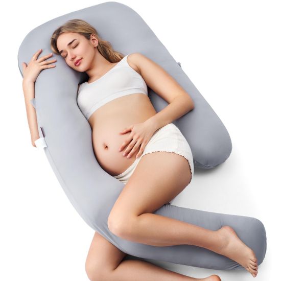 Picture of Momcozy Pregnancy Pillow with Cooling Cover, Dreamlign U Pro Maternity Pillow with Adjustable Leg Pillow - Support for Back, HIPS, Belly, Legs for Pregnant Women, 50-72 Inch Full Body Pillow, Grey