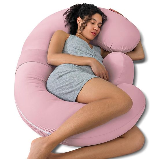 Picture of QUEEN ROSE Cooling Pregnancy Pillows, E Shaped Maternity Pillow for Sleeping, with Extra Wedge Pillow for Belly Support, 60 Inch Full Body Pillow, Pink