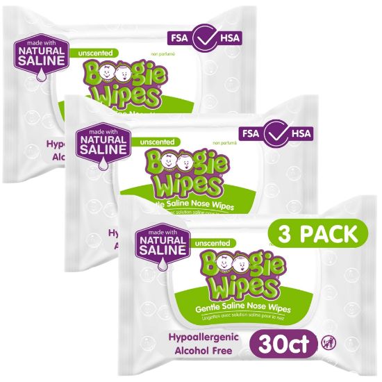 Picture of Boogie Wipes, Saline Wipes for Baby & Kids, Nose Booger Wipes for Allergy Relief, Face, Hand & Body, Made with Vitamin E, Aloe and Natural Saline, Unscented, 30 Count (Pack of 3)