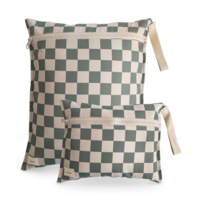 Picture of mushie Water Resistant Wet Bags | Large & Small Reusable Storage Bag for Baby Items and Travel | Zippered Pockets with Handle | Machine Washable, Set of 2 (Olive Check)