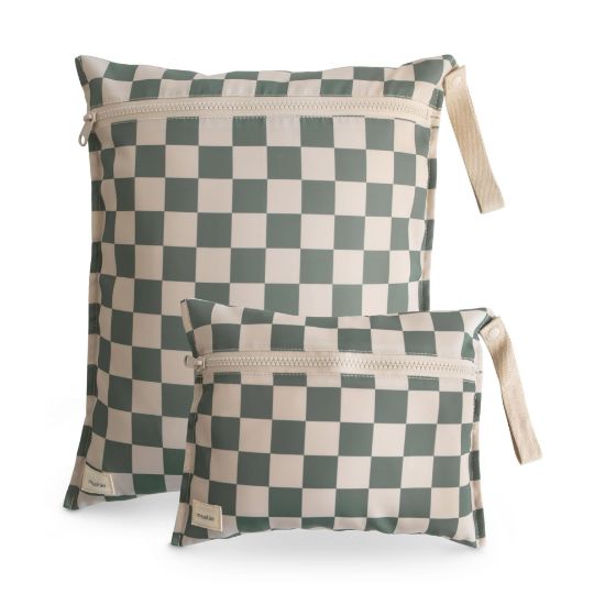 Picture of mushie Water Resistant Wet Bags | Large & Small Reusable Storage Bag for Baby Items and Travel | Zippered Pockets with Handle | Machine Washable, Set of 2 (Olive Check)