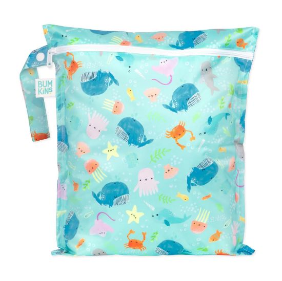 Picture of Bumkins Waterproof Wet Bag for Baby, Travel, Swim Suit, Cloth Diapers, Pump Parts, Pool, Beach, Gym Clothes, Toiletry, Hook to Stroller, Daycare, Zipper Reusable Wetdry Packing Pouch, Ocean Life Blue