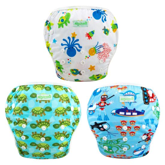 Picture of wegreeco Reusable Swim Diapers,Baby & Toddler Snap One Size Adjustable Reusable Baby Swim Diaper (Diving, Ocean, Turtle, Large, 3 Pack)