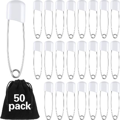 Picture of 50 Pieces Diaper Pins Safety 2.2 Inch Plastic Head Cloth Diaper Nappy Pins with Locking Closures Stainless Steel with Velvet Bag(White)