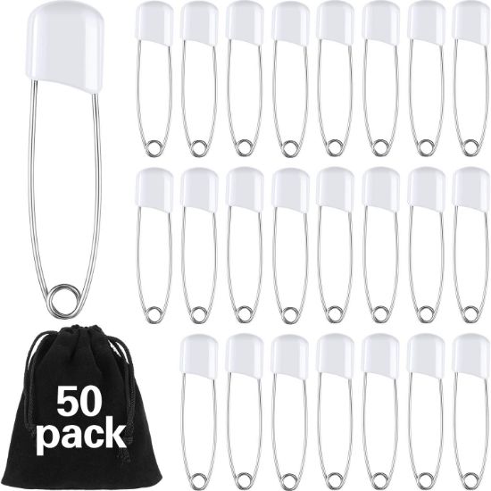 Picture of 50 Pieces Diaper Pins Safety 2.2 Inch Plastic Head Cloth Diaper Nappy Pins with Locking Closures Stainless Steel with Velvet Bag(White)