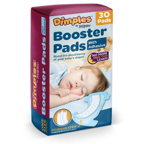 Picture of Inspire Dimples Booster Pads, Baby Diaper Doubler with Adhesive - Boosts Diaper Absorbency - No More leaks 30 Count (with Adhesive for Secure Fit) (30 Count)