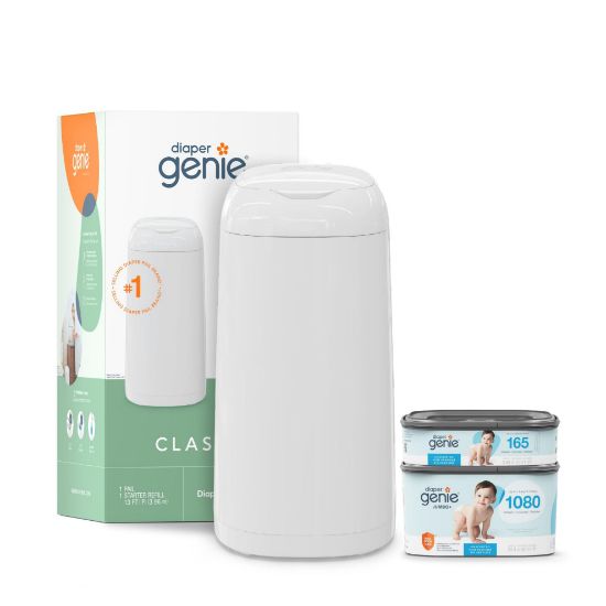 Picture of Diaper Genie Classic Diaper Pail Gift Set | Push-N-Lock Odor Control | Includes Starter Refill and Jumbo+ Refill | Holds up to 1,245 Newborn Diapers | Baby Registry Must-Have